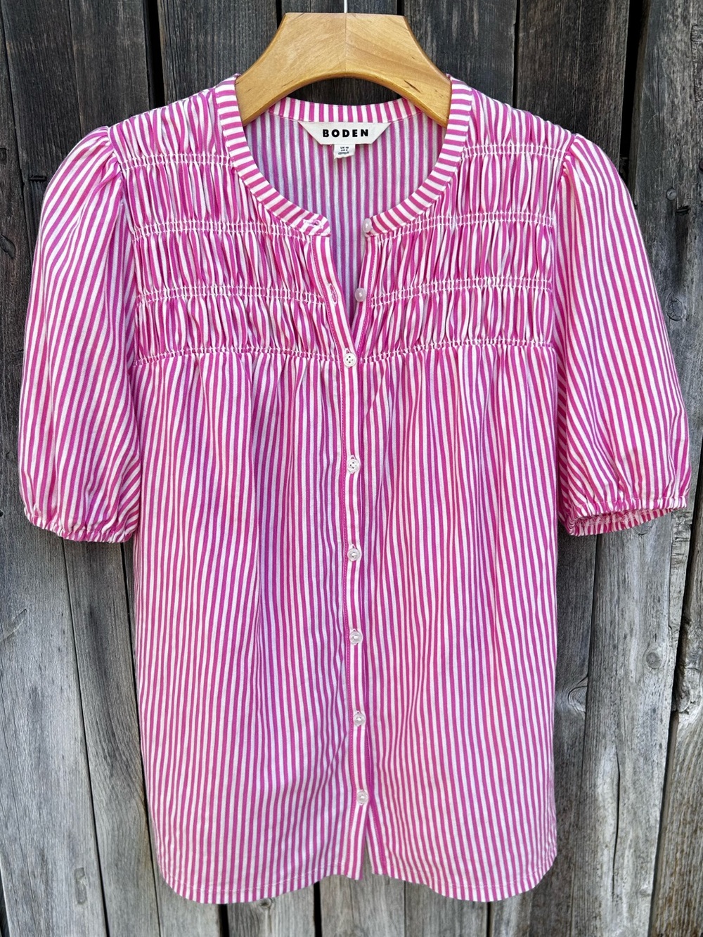 Boden Mya Short Sleeve Smocked Shirt Cotton Tencel Pink Punch Ivory Stripe 6 - Picture 2 of 16